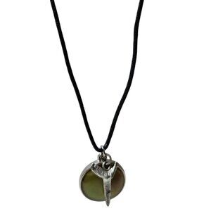 Shark Tooth Pendant Necklace Green Orange Epoxy Resin Black Cord Boho Beach Core